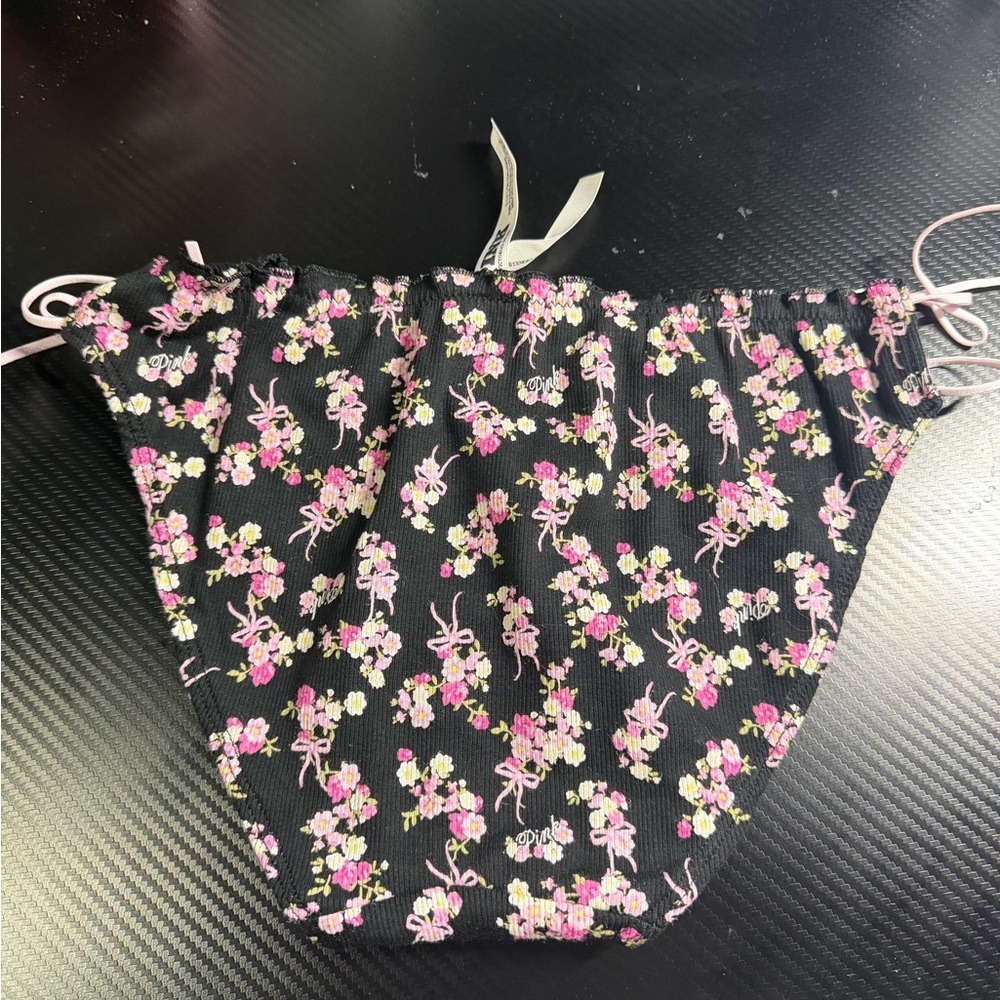 PINK Victoria's Secret Black Bikini Bottom with Pink Floral Print and Side Ties - Picture 3 of 3